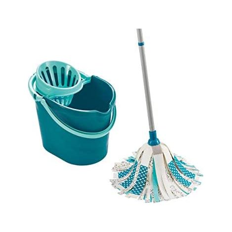 Leifheit Set Power Mop 3 en 1, cubo escurridor con fregona de tiras Pick-Up ultraabsorbentes, fregona con palo de 3 piezas y cubo grande de 12 litros. El cabezal es lavable en lavadora a 60ºC