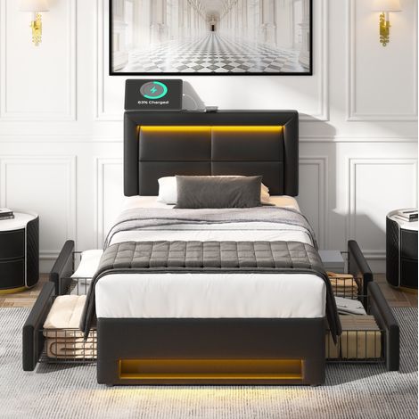 Cama tapizada moderna 90x190 cm en PU negro, con cabecero USB inalámbrico/con cable, LED y 4 cajones (1/5)