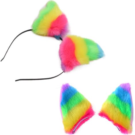 Lot de 2 accessoires cheveux chat, pinces et serre-tête en peluche colorée à motifs oreilles, décoration bijou (1/3)