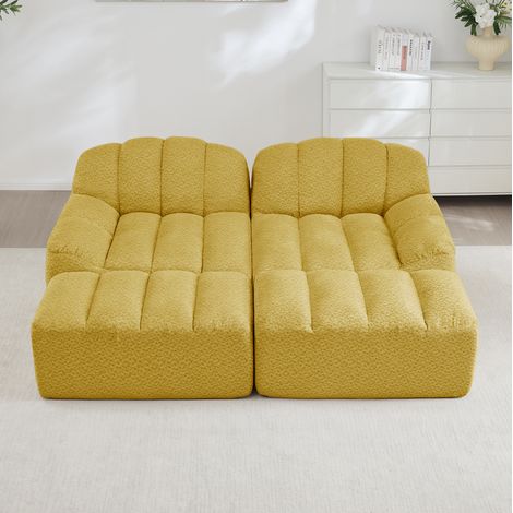 Sofá modular de 2 plazas con 2 otomanas, espuma 32D, tejido suave amarillo (1/5)