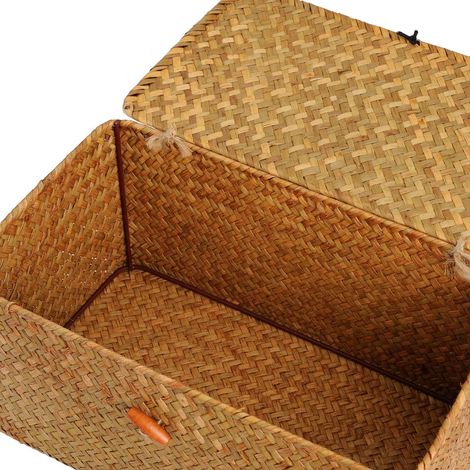 Rattankorb, Aufbewahrungskorb aus Seegras mit Deckel, Naturmaterial (Klein 26 cm x 16 cm x 10 cm H)