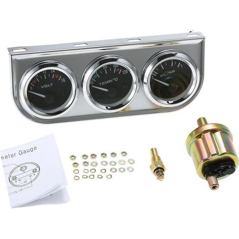 52Mm Pression D'Huile Celsius Jauge De Temperature De L'Eau Voltmetre Chrome 3 En 1 Jauge Kit Voiture Moto Compteur, Cadran Noir (1/4)