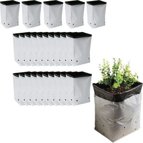 Pack of 25 plastic grow bags with drainage holes, black and white, breathable plastic grow bags for indoor and outdoor use, growing containers for vegetables and herbs (1/5)