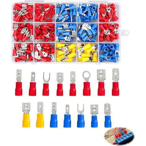 Lot de 280 Cosses et Connecteurs Électriques à Sertir - Assortiment de 15 Types de Cosses Plates et Rondes pour Connexions Électriques Sécurisées dans Voitures, Motos et Usages Domestiques