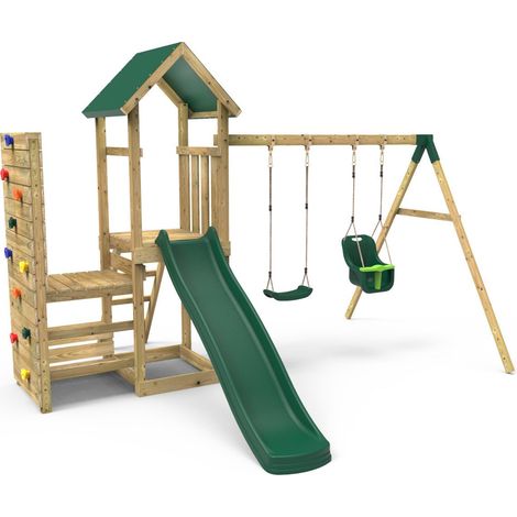 Rebo Wooden Climbing Frame with Vertical Rock Wall, Swing Set and Slide - Rainier+ (1/5)