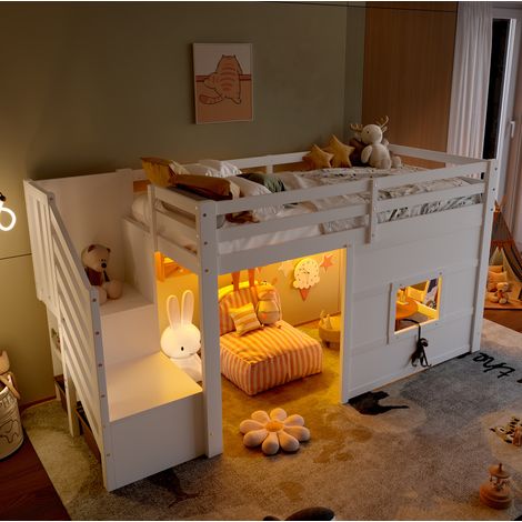 Hochbett 90x200 cm modern aus Holz in Weiß mit Fenster, Stauraumtreppe, Lattenrost und LED (1/5)