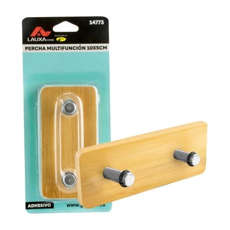 Percha Multifunción Adhesiva Bambú + Inox Lauxa Home 10x5cm - 2 Colgadores (1/5)