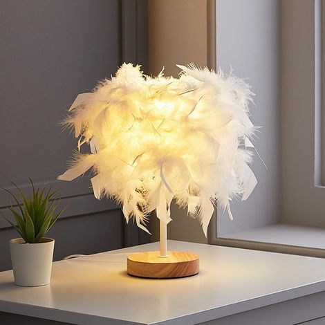 Lámpara de mesa LED con plumas y enchufe USB, luz nocturna decorativa, luz cálida y fija, protección ocular para dormitorio y sala de estar, color blanco.