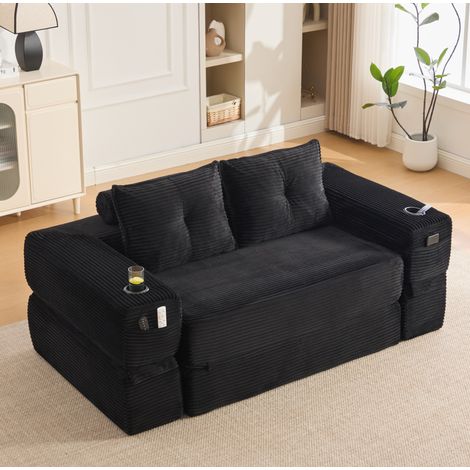 Divano letto 180x98x80 cm nero in velluto a coste con contenitore laterale e portabicchiere (1/5)