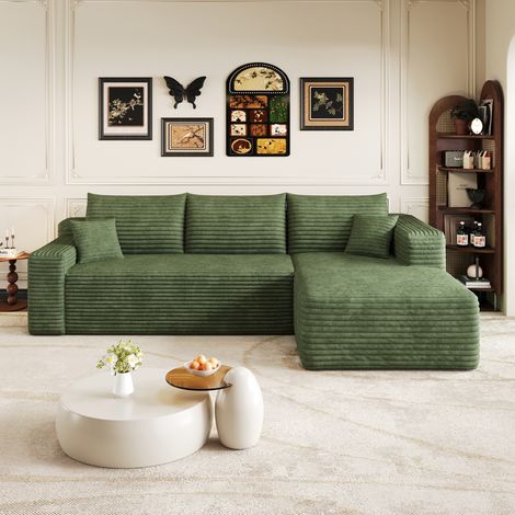 Canapé d'angle 241x151x84 cm en tissu peluche vert, gain de place pour salon FloraGrace (1/5)