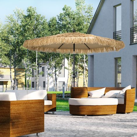 Parasol de jardin rond avec toile en paille et manivelle. Ø 265 x 250 cm. Kaki