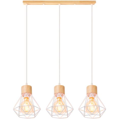 royaluxe- Lampe À Suspension Vintage Suspension Luminaire Rétro 3 Lumières Plafonnier D'Intérieur Moderne En Métal Et En Bois Blanc