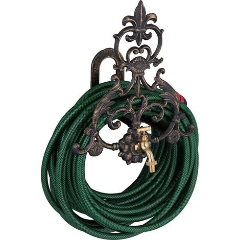 Dévidoir mural vintage en fer noir et or Support tuyau avec robinet Dimensions 38,5×32,5×23 cm Pour jardin et espaces extérieurs (1/5)