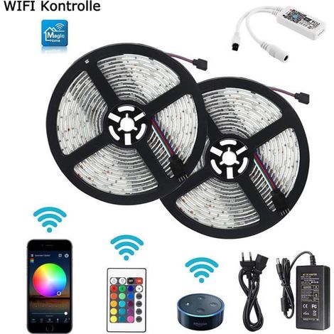 Molyqiu® Ruban à Led Connectée WiFi 15M 450 LEDs 5050 RGB Étanche IP65 OT24 Kit Bande Multicolore Flexible avec Télécommande (1/4)