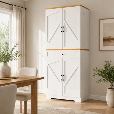 Credenza alta da cucina in MDF bianca 80x40x180 cm, con ripiani aperti, cassetti capienti e dispositivo antiribaltamento