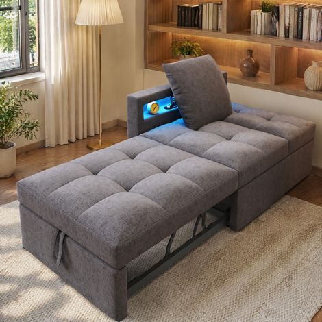 Canapé convertible 3 en 1 dossier réglable 177x68x65 cm gris foncé tissu en lin et métal FloraGrace (1/5)