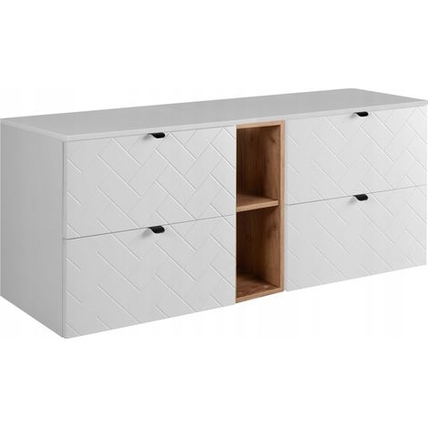 Rodan Waschbeckenunterschrank 140 cm, Weiß Matt, 46 x 140 x 62,3 cm, mit Waschtischplatte und braunem Badregal, feuchtraumgeeignet, Badmöbel