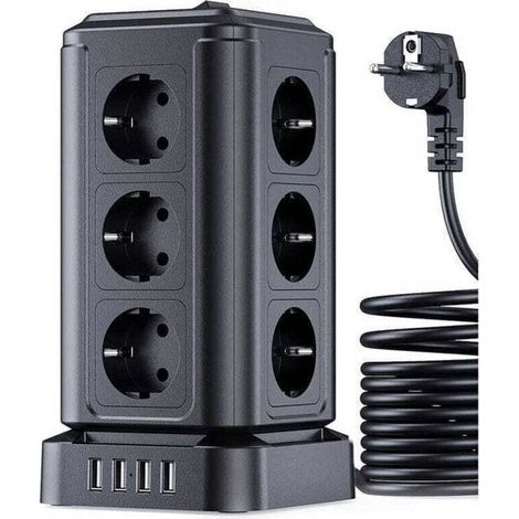 Rallonge multiprise avec surtension (4000W/16A), Tour Multiprise Electrique avec 4 Ports USB et 12 Prises, multiprise avec Interrupteur Individuel, 5M Cordon