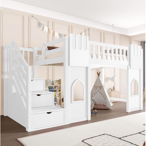 Cama alta de 90x200 cm de madera blanca y MDF con escaleras de almacenamiento y ventanas. (1/5)