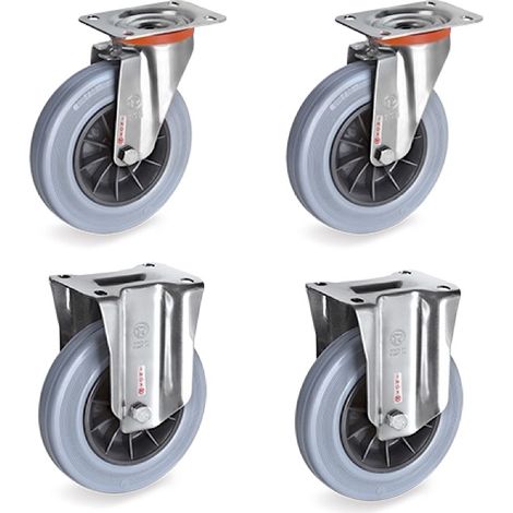 Lot de 4 roulettes INOX pivotantes et fixes caoutchouc non tachant 80 mm - 150Kg (1/3)