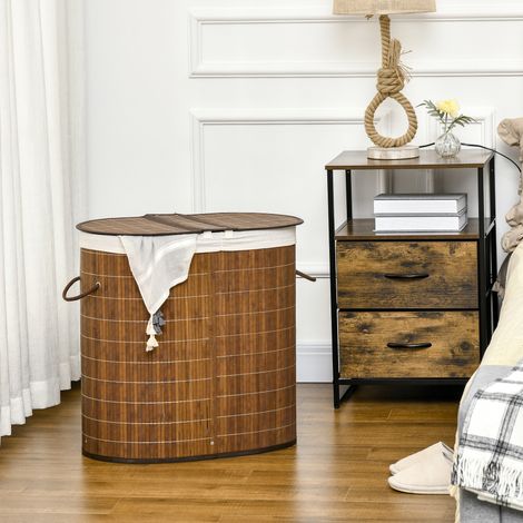 Panier à linge en bambou marron 100 L avec couvercle, 2 compartiments et sac intérieur amovible (1/5)
