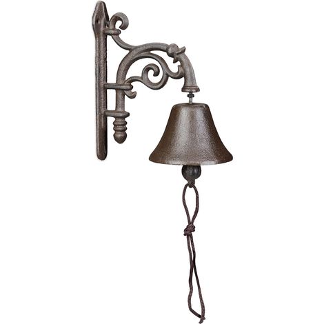 Relaxdays Campanella da Muro in Ghisa, Design Antico, Campana Decorativa con Corda, per Esterni, 19 x 10 x 17cm, Marrone