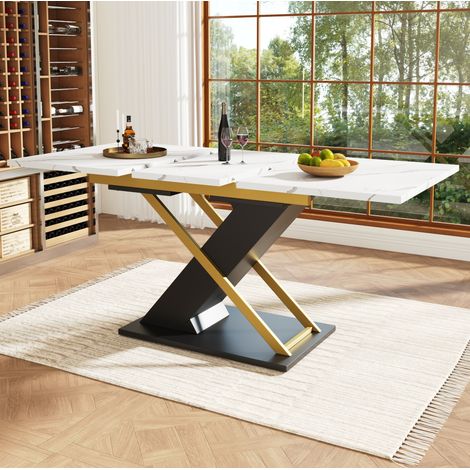 Mesa de comedor extensible 120/160x80 cm negra efecto mármol con patas cruzadas de metal (1/5)