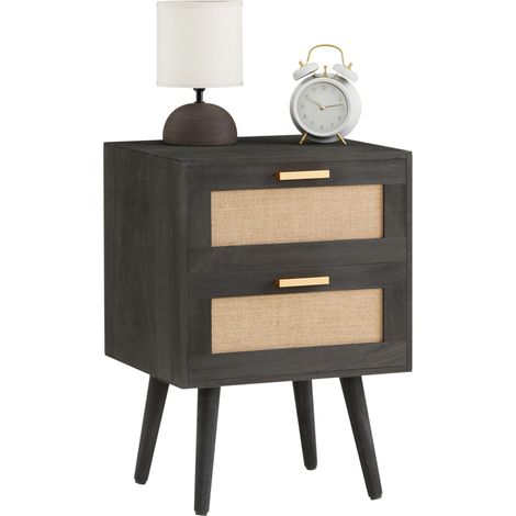 Idimex – Table de chevet 2 tiroirs en bois de paulownia lasuré noir – Dimensions tiroirs 36x15x23 cm – Style vintage et bohème – Pieds en compas (1/4)