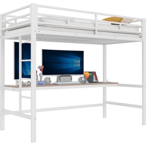 Lit mezzanine 90x200 cm avec bureau, LED pilotée par application, prise USB et Type-C, échelle et garde-corps, blanc, pour chambre enfant - CHICFURN (1/5)