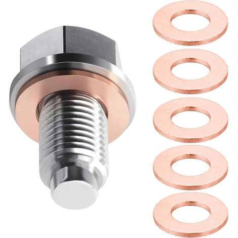 Bouchon de vidange d'huile magnétique avec rondelle d'étanchéité en cuivre, boulon de vidange magnétique en acier inoxydable pour la protection du moteur, bouchon de vidange d'huile de rechange univer (1/5)