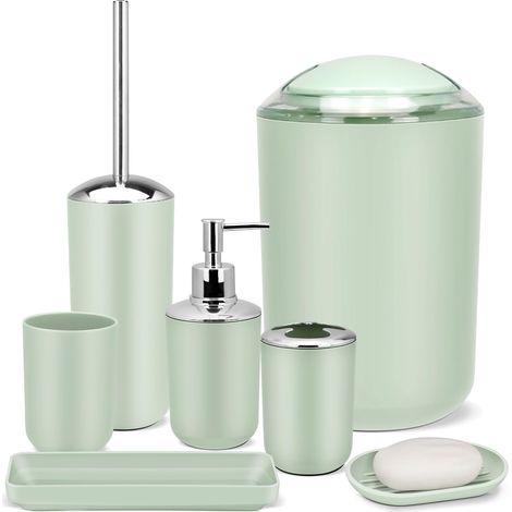 Ensemble d'accessoires de Salle de Bain 6 pièces Vert avec Poubelle, Distributeur de Savon, Porte-Savon, Porte-Brosse à Dents et gobelet, Support de (1/5)