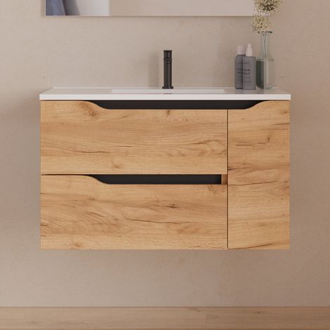 Meuble sous vasque seul, 2 tiroirs et 1 porte, 80cm, vasque centrée - roble (bois clair) - ZARZA
