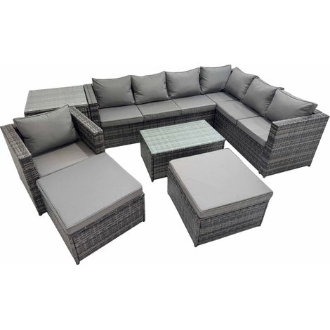 Fimous Patio Sofa Oblong Coffee Table Set Rattan Garden Furniture Set with 2 Big Stools Chair Side Table Dark Grey Mixed (1/5)