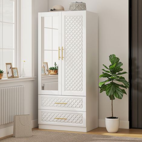 Armoire chambre penderie avec miroir, 2 tiroirs, 2 portes et barre de suspension, 80 x 50 x 180 cm, blanc (1/5)