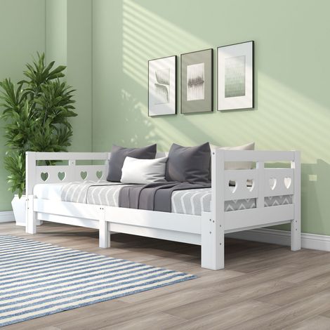 Lit Canapé Cœur Gigogne - 90x200 - Pin Massif, 2ème Couchage - Sommier Lattes Dépliable - Blanc - Lit Repos (sans Matelas) (1/5)