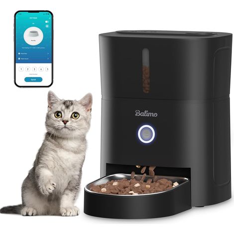 Balimo Distributore automatico di cibo per gatti, 3 litri, WiFi 2.4G, 1-10 pasti al minuto, adatto a cani e gatti, nero (1/5)