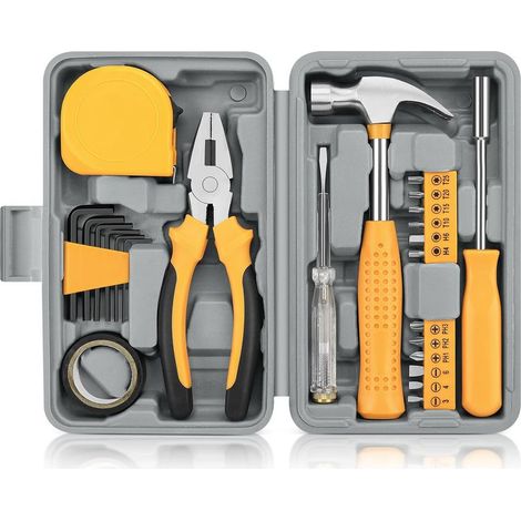 Coffret 24 outils manuels – Kit universel pour bricolage et réparation – Idéal maison, bureau et garage – Boîte de rangement incluse,Jaune (1/5)