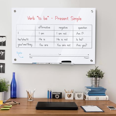Vinsetto Glas-Whiteboard mit Ablage, rahmenloses Wand-Whiteboard, inklusive 4 Markern und Schwamm, 90 x 60 x 0,45 cm, Weiß