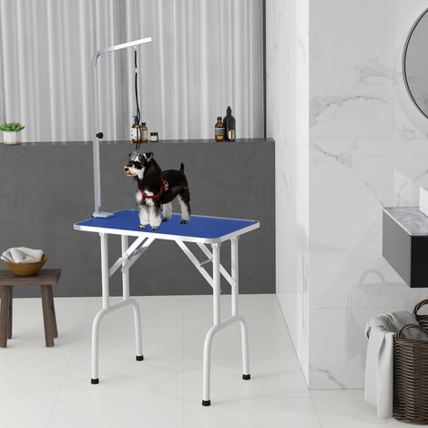 Table de toilettage 81x48,5x80 cm bleu canine pliante avec bras ajustable antidérapant
