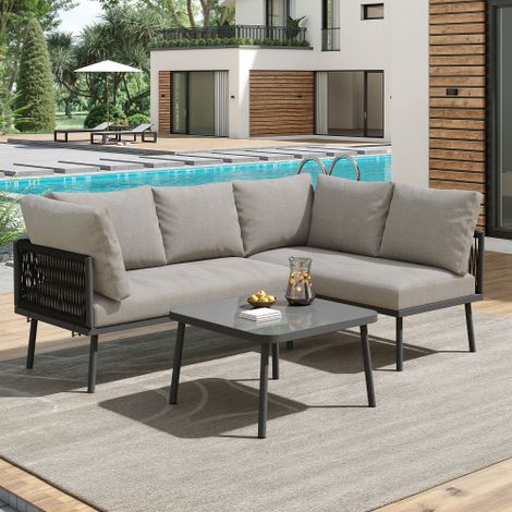 Ensemble de salon de jardin en fer pour 2-4 personnes, ensemble de salon de jardin en forme de L, ensemble de chaises longues avec coussin d'assise et dossier, pieds réglables, 2 canapés et 1 table, G (1/5)