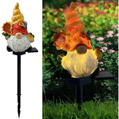 Nain de jardin solaire d'automne, statue de nain d'extérieur avec tournesols et oiseau, guirlande lumineuse solaire pour jardin féérique, décorations de nains d'automne pour la maison, (1/5)
