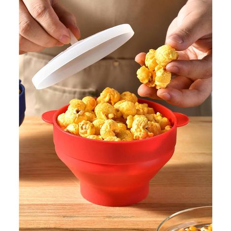 Bol à pop-corn en silicone pour micro-ondes avec couvercle pliable, aucune huile requise, réutilisable (1/5)
