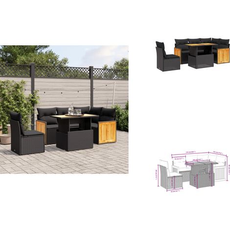 Salon de jardin 6 pcs avec coussins noir résine tressée - Ensemble Salon De Jardin - Mobilier Extérieur - Table Basse Extensible - Chaise Lounge - Fauteuil Pliable (1/3)