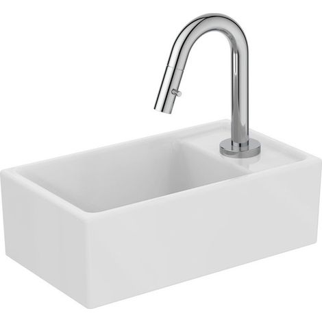 Paquete de lavabo EUROVIT + / estante IDEALSTREAM a la derecha, blanco y cromado con grifo de columna IDEAL STANDARD