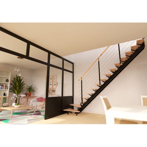 Escalier 1/4 Tournant Métal et Bois Noir 16 Marches Pin Brut Twin France (1/5)