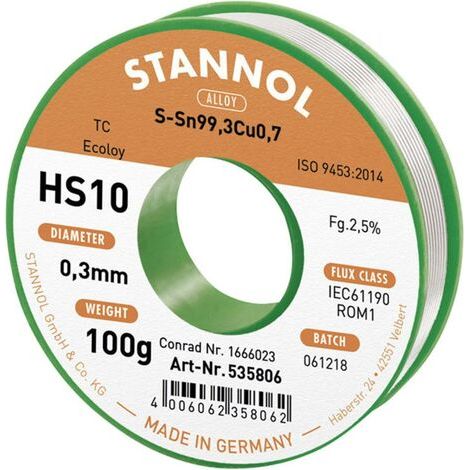 Stannol HS10 2,5% 0,3MM SN99,3CU0,7 CD 100G Étain à souder sans plomb sans plomb, bobine Sn99,3Cu0,7 (1/3)