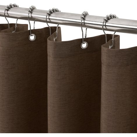 Rideau de Douche Lin avec Anneaux en Métal Imperméable Anti-Moisissures Polyester Tissu Rideau Salle de Bain Lourd pour Baignoire Cabine de Douche 92x182CM (Marron) (1/5)