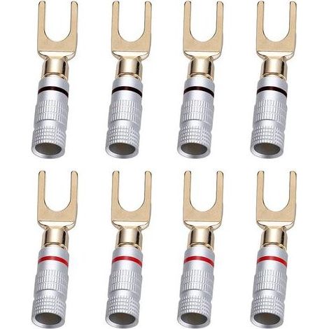 8 Pièces Y Plug U fourche fiche banane 45 degrés vis pelle connecteur pour haut parleur fil bricolage, résistant à la corrosion, 4 noir et 4 rouge (1/5)