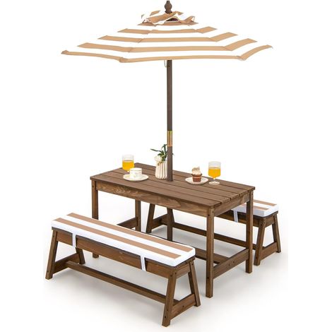 COSTWAY Kinder Picknicktisch mit Sonnenschirm, Bänke & Kissen, aus Massivholz, Kindersitzgruppe, Gartenmöbel für Kleinkinder, Braun