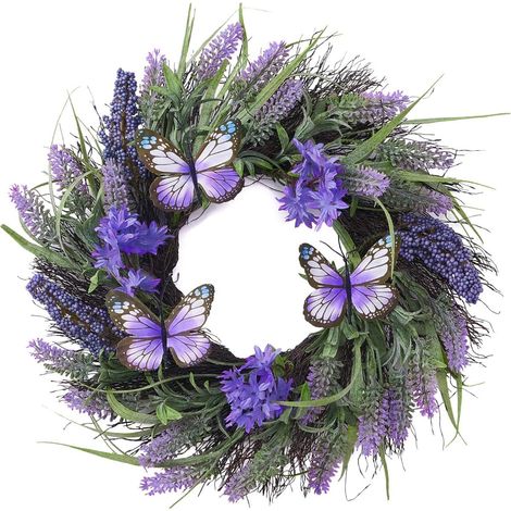 Corona Artificial - Lavanda - Mariposas - 45 cm - Para Puerta Pared Fiesta Hogar Boda Regalo (1/5)